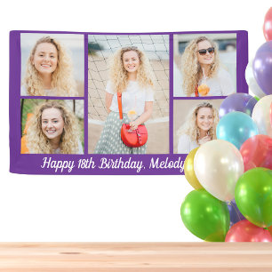 Pretty Purple Happy Birthday Photo Collage Party Banner