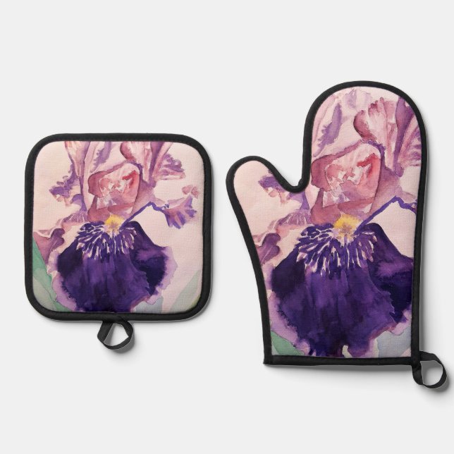 Pretty Purple Iris Floral Birthday Cake Favor Box Oven Mitt & Pot Holder Set (Front)