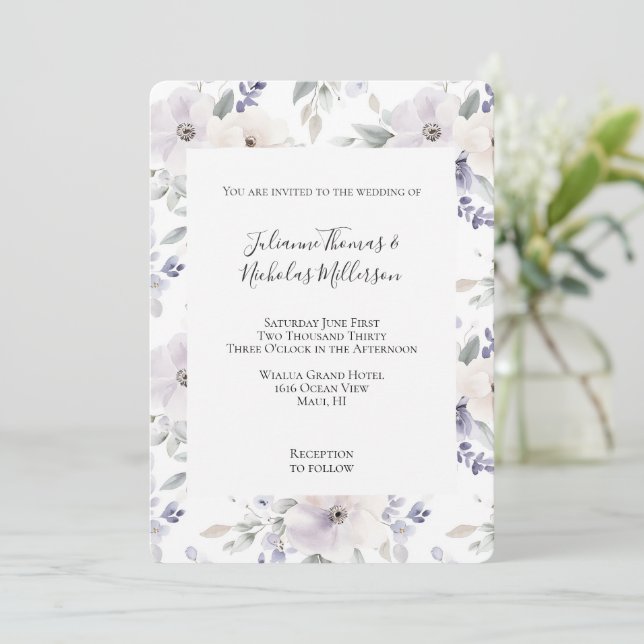 Pretty Purple Ivory Lavender Flowers Wedding Invitation (Standing Front)