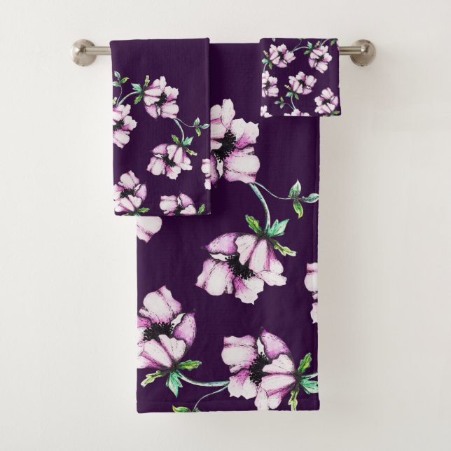 Pretty Purple Jewel Tone & Watercolor Flowers Bath Towel Set (Insitu)