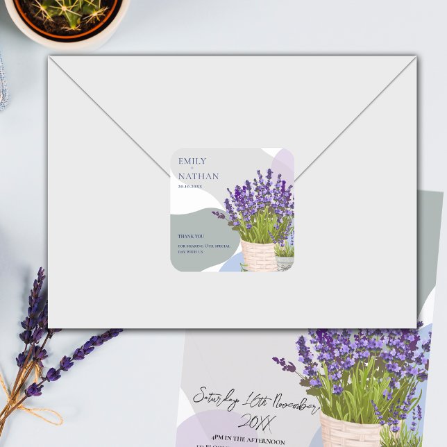 Pretty Purple Lavender Floral Wedding Thank You Square Sticker (Pretty Purple Lavender Floral Wedding Thank You Square Sticker)