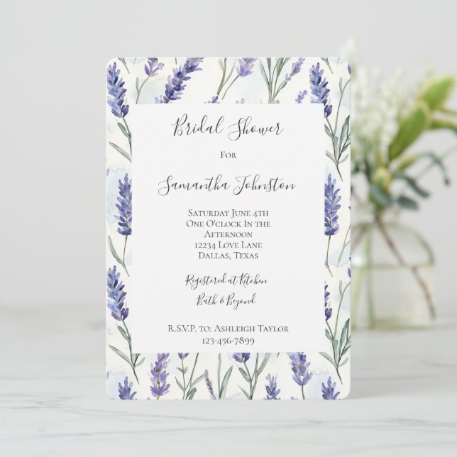 Pretty Purple Lavender White Floral Bridal Shower Invitation (Standing Front)