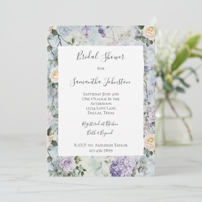 Pretty Purple Lavender White Flowers Bridal Shower Invitation (Standing Front)