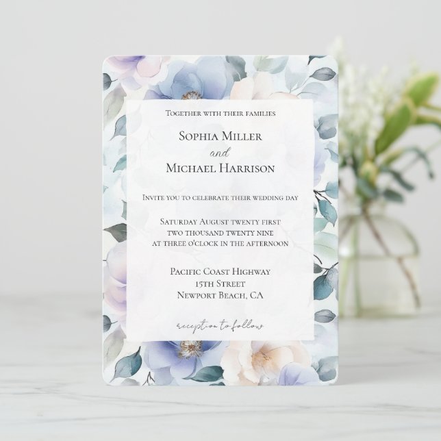 Pretty Purple Lavender White Flowers Wedding Invitation (Standing Front)