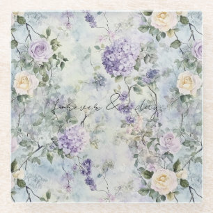 Pretty Purple Lavender White Roses Floral Wedding Glass Coaster