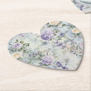 Pretty Purple Lavender White Roses Floral Wedding Paper Coaster