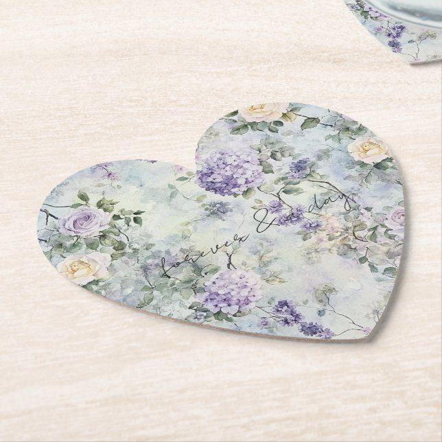 Pretty Purple Lavender White Roses Floral Wedding Paper Coaster (Angled)