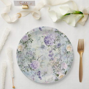 Pretty Purple Lavender White Roses Floral Wedding Paper Plate
