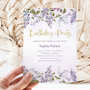 Pretty Purple Lilac   Gold Script Birthday Party Invitation