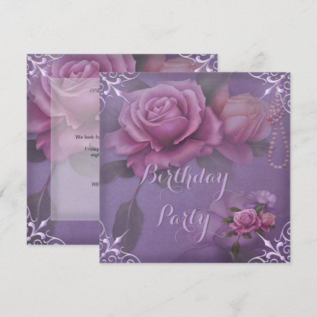 Pretty Purple Lilac Pink Rose Birthday Party Invitation (Front/Back)