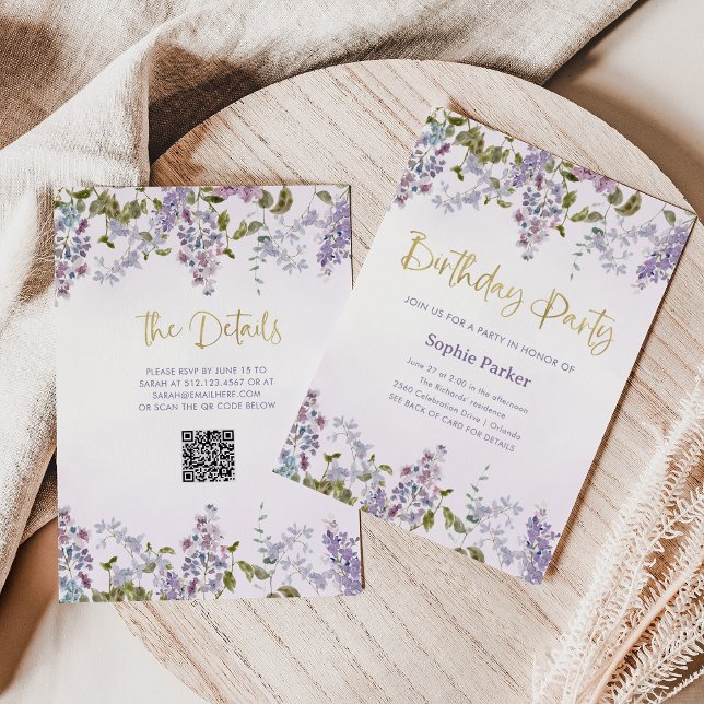 Pretty Purple Lilac | QR Code Birthday Party Invitation (Creator Uploaded)