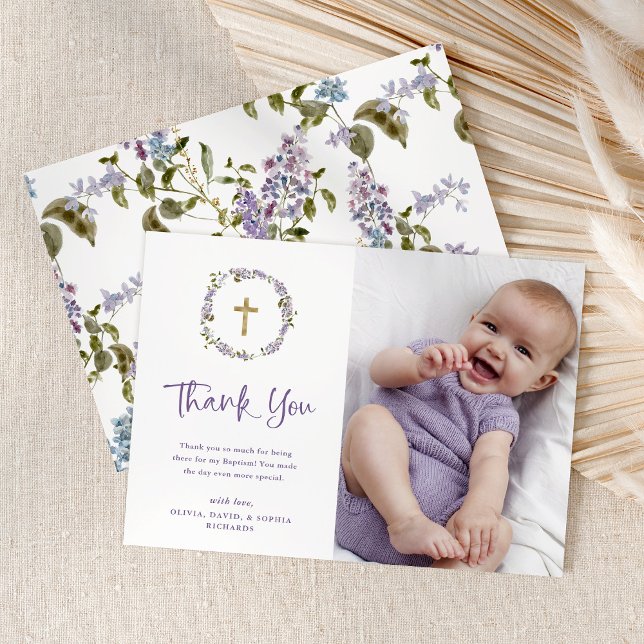Pretty Purple Lilac Wreath and Photo | Baptism Thank You Card (Creator Uploaded)