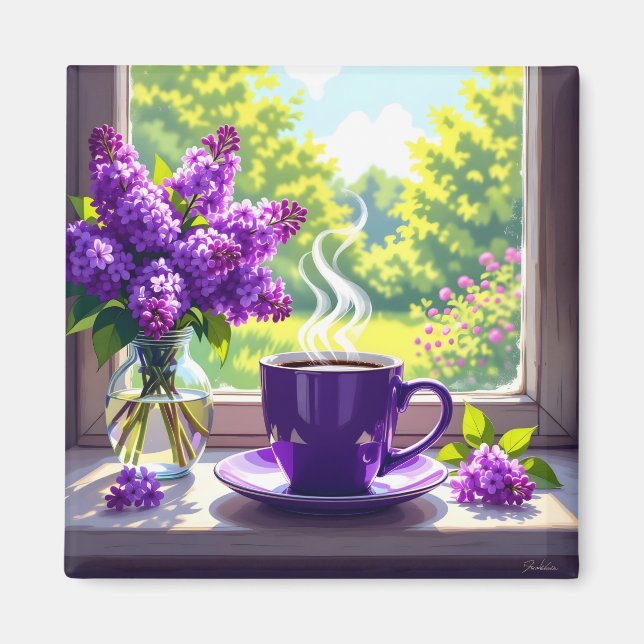 Pretty Purple Lilacs and Coffee  Magnet (Front)