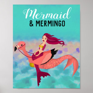 Pretty Purple Mermaid and Flamingo Mermingo Poster