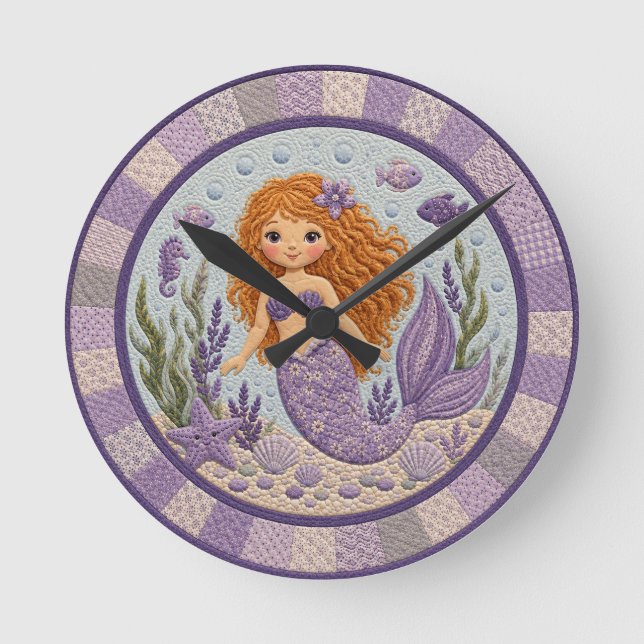 Pretty Purple Mermaid Quilt Round Clock (Front)