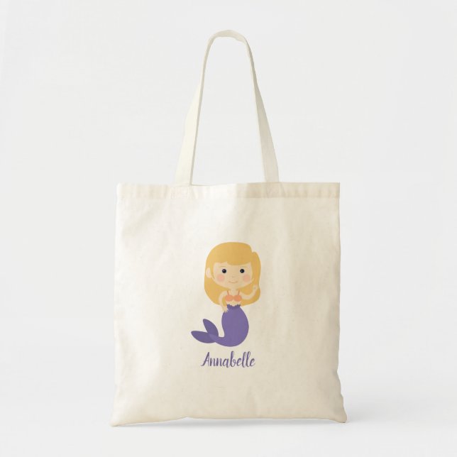 Pretty Purple Mermaid with Blonde Hair Personalise Tote Bag (Front)