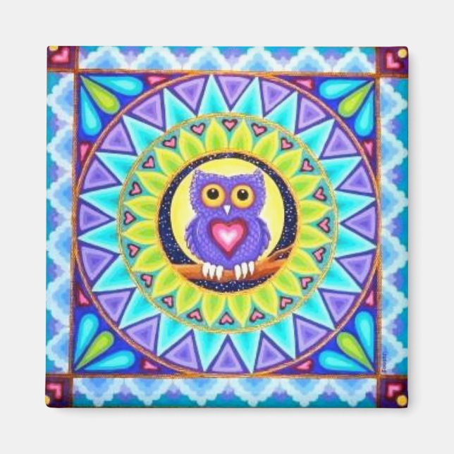 Pretty purple owl mandala magnet by Soozie Wray. (Front)
