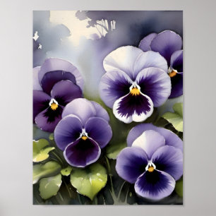 Pretty purple pansies watercolor painting  poster