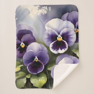 Pretty purple pansies watercolor painting sherpa blanket