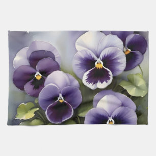 Pretty purple pansies watercolor painting tea towel