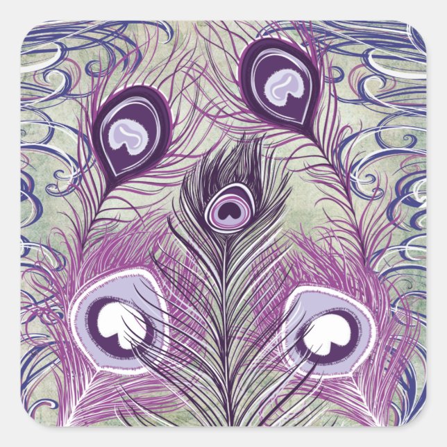 Pretty Purple Peacock Feathers Elegant Design Square Sticker (Front)