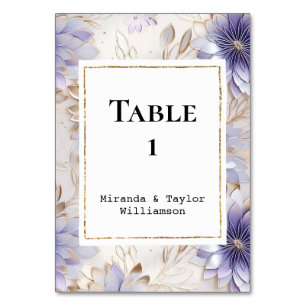Pretty Purple Pearl Gold Floral Wedding Table Number