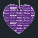 Pretty Purple Personalized Name Collage Christmas Ceramic Tree Decoration<br><div class="desc">A pretty purple personalized heart shaped Christmas ornament gift decorated in nine different fonts spelling your name in white. Cute customizable present with beautiful cursive typography.</div>