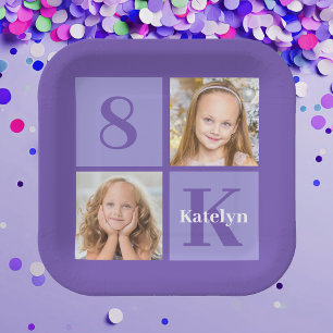 Pretty Purple Photo Collage Custom Birthday Party Paper Plate