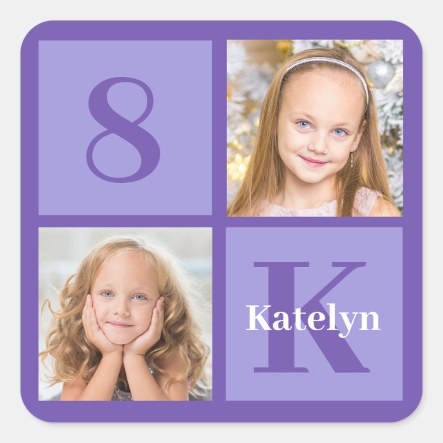 Pretty Purple Photo Collage Custom Birthday Party Square Sticker (Front)