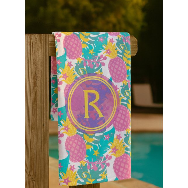Pretty Purple Pineapples and Blue Tropical Leaves Beach Towel (Creator Uploaded)