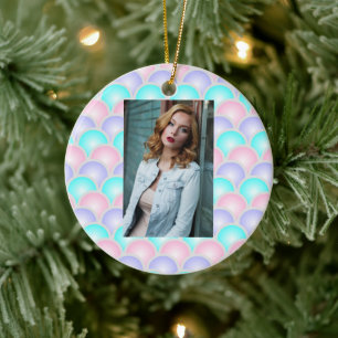 pretty purple pink aqua blue pastel mermaid scales ceramic tree decoration