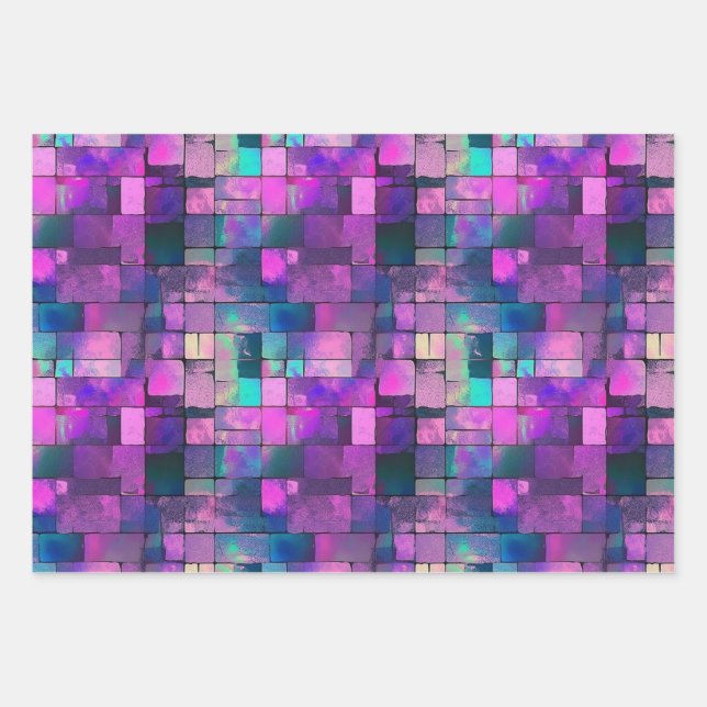 Pretty Purple Pink Blue Squares Rectangles Pattern Wrapping Paper Sheet (Front)