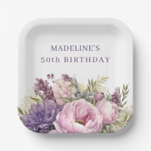 Pretty Purple Pink Watercolor Floral 50th Birthday Paper Plate