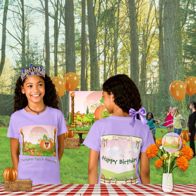Pretty Purple Pumpkin Patch Princess Girl's B'day T-Shirt (Cute lavender birthday shirt with your uploaded photo in the front, and personalization on the back)