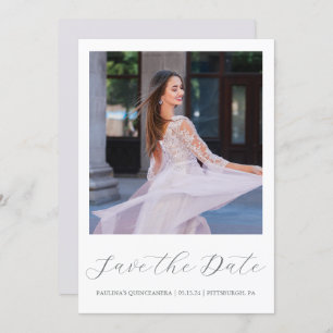 Pretty Purple Quinceanera Simple Calligraphy Photo Save The Date
