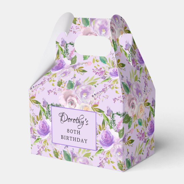 Pretty Purple Rose Floral 80th Birthday Favour Box (Front Side)