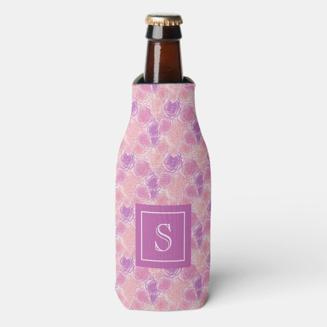 Pretty Purple Rose Floral Custom Monogram Bottle Cooler (Bottle Front)