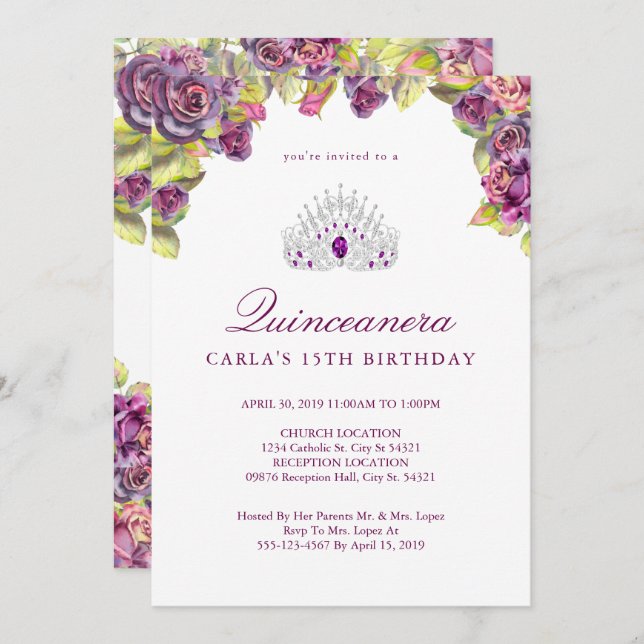 Pretty Purple Rose Quinceanera Invitations (Front/Back)
