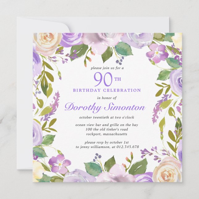 Pretty Purple Rustic Floral 90th Birthday Invitation (Front)