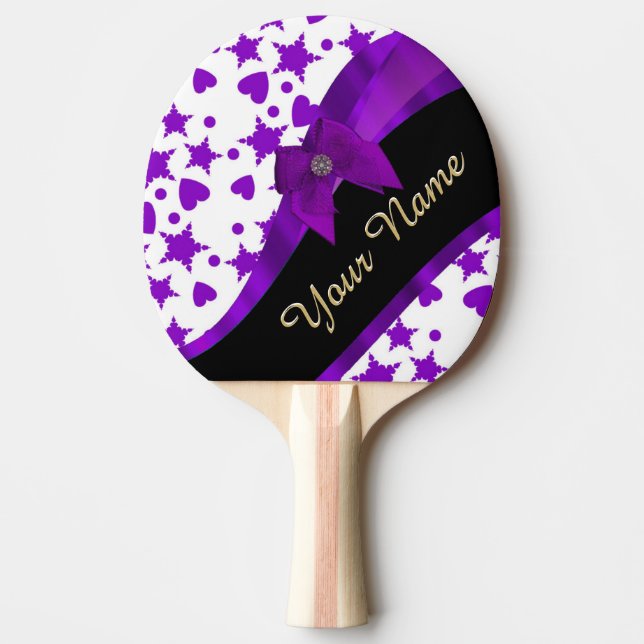 Pretty purple spotty girly pattern personalised ping pong paddle (Front)