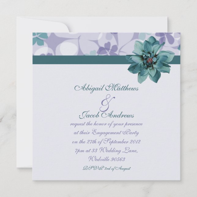Pretty Purple & Teal Blue Flower Engagement Invite (Front)