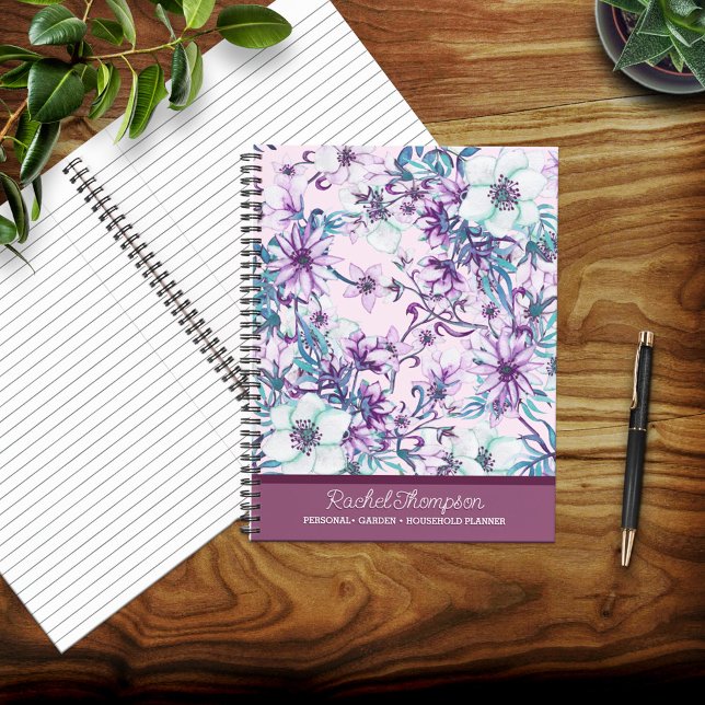 Pretty Purple/Teal Watercolor Floral Personalised Notebook (Creator Uploaded)