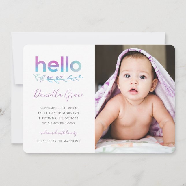 Pretty Purple Teal Watercolor Hello Photo Birth Announcement (Front)