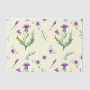 Pretty purple thistle flowers, yellow background tissue paper