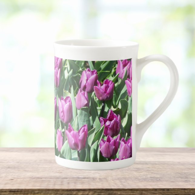 Pretty Purple Tulips Floral Bone China Mug (In Situ)