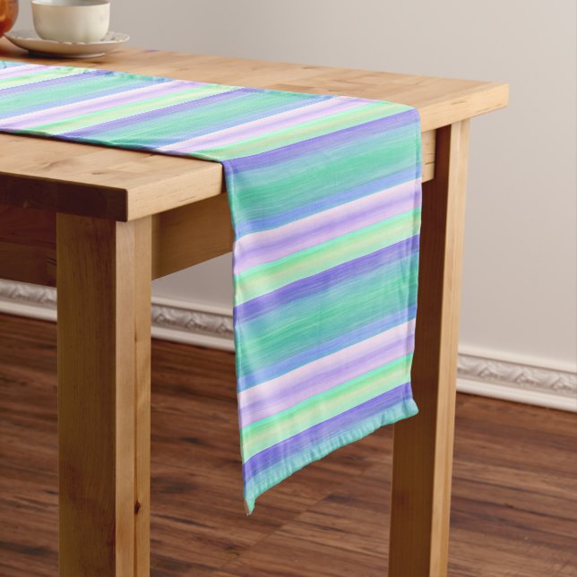 Pretty Purple Turquoise Watercolor Stripes Pattern Medium Table Runner (In Situ)