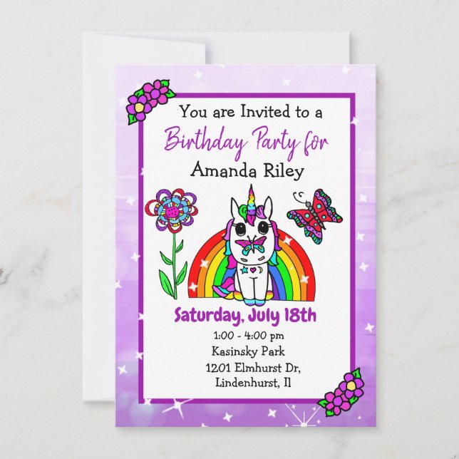 Pretty Purple Unicorn and Rainbow Girl's Birthday Invitation (Front)