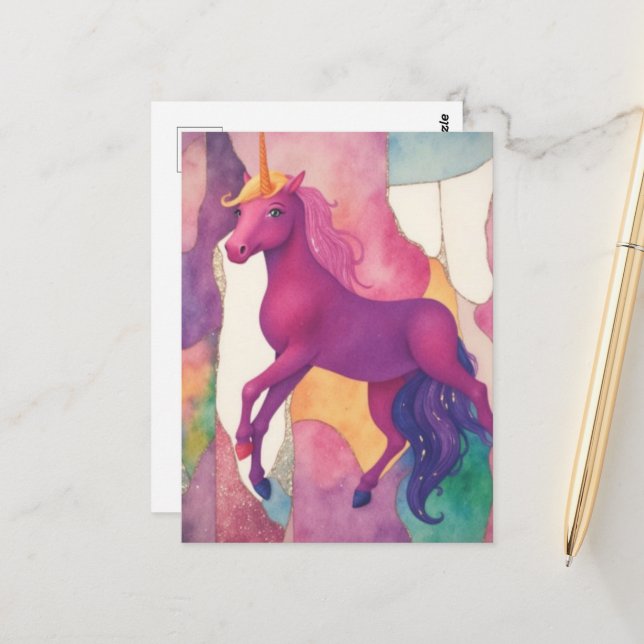 Pretty Purple Unicorn Postcard (Front/Back In Situ)