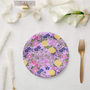 Pretty Purple Vintage Flower Pattern Paper Plate