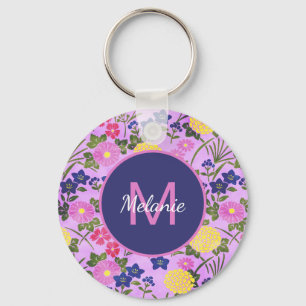 Pretty Purple Vintage Flower Pattern Personalised Key Ring